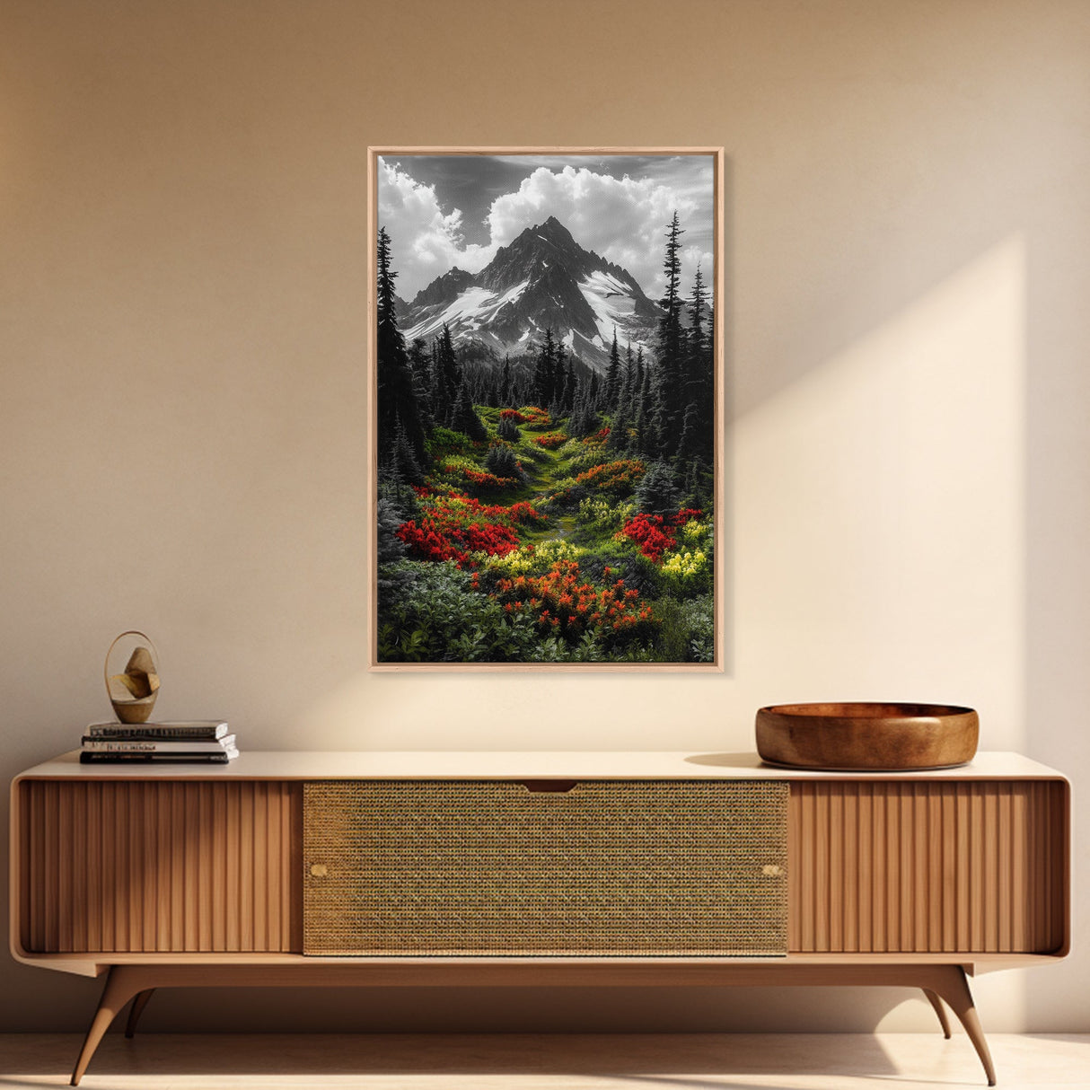 Mountain Flowers, Nature Trail, Alpine Beauty, Evergreen Path, Framed Canvas Print, Landscape Photography, Cabin Wall Art, Nature Decor