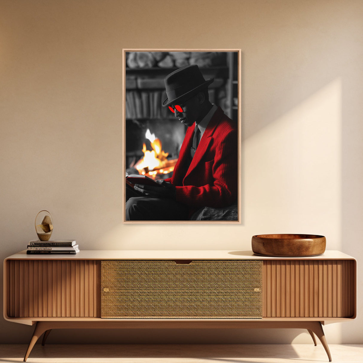 Red Jacket, Reading Firelight, Cozy Vibes, Stylish Man, Framed Canvas Print, Fall Wall Art, Office Decor, Modern Masculine Art