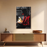 Red Jacket, Reading Firelight, Cozy Vibes, Stylish Man, Framed Canvas Print, Fall Wall Art, Office Decor, Modern Masculine Art