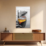 Yellow Rowboat, Coastal Mood, Pier View, Nautical Nostalgia, Framed Canvas Print, Beach House Wall Art, Rustic Seaside Decor