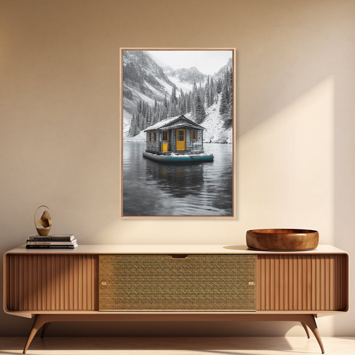 Winter Cabin, Floating House, Snowy Pines, Mountain Lake, Canvas Print, Minimalist Winter Wall Art, Cabin Decor, Neutral Nature Scene