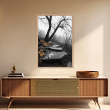 Stone Path, Autumn Trail, Moody Forest, Yellow Leaves, Canvas Print, Fall Nature Wall Art, Rustic Entryway Decor, Misty Woodland Scene
