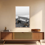 Seaside Bench, Rocky Shore, Ocean Fog, Coastal Calm, Framed Canvas Print, Minimalist Beach Art, Coastal Decor, Serene Ocean View