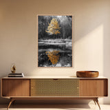 Golden Tree, Forest Reflection, Autumn Pond, Tranquil Waters, Canvas Print, Fall Nature Wall Art, Zen Bathroom Decor, Minimalist Art