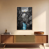 Canyon Bridge, Blue River, Yellow Figure, Framed Canvas Print, Bold Color Photography, Dramatic Landscape, Office Statement Art