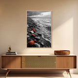 Red Shoreline, Bold Pebbles, Coastal Mood, Canvas Print, Nautical Wall Art, Moody Landscape, Black White Red Art, Nature Lover Gift