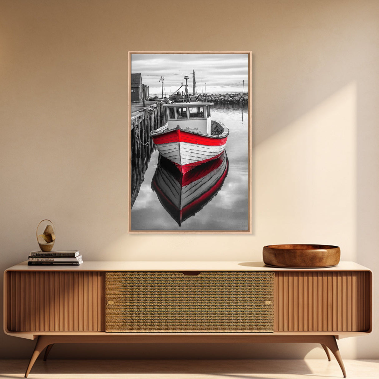Red Fishing Boat, Harbor Calm, Nautical Charm, Canvas Print, Coastal Kitchen Wall Art, Maritime Theme, Seaside Decor, Rustic Water Scene