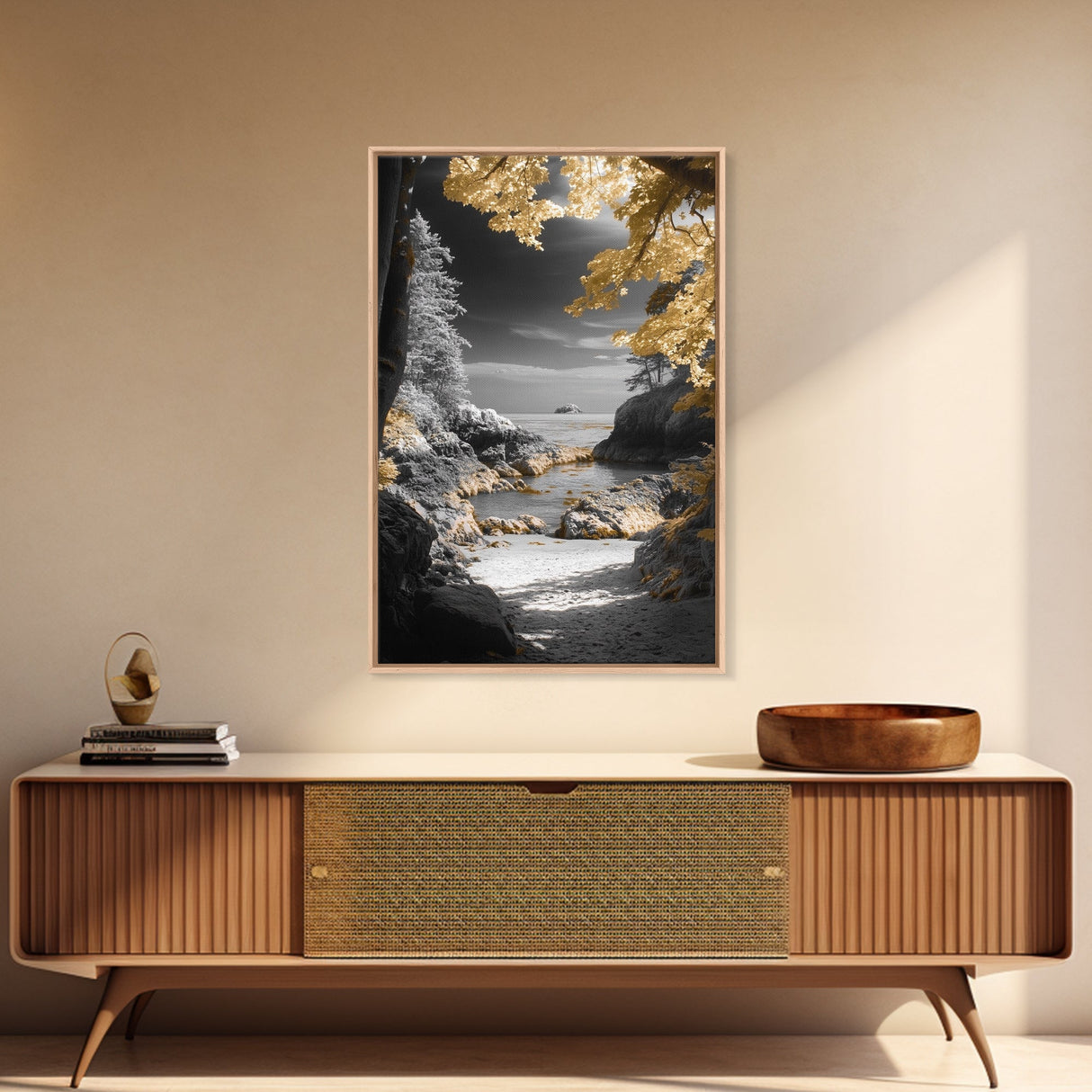 Yellow Trees, Autumn Beach, Ocean View, Framed Canvas Print, Nature Photography, Fall Landscape Wall Art, Coastal Living Room Decor