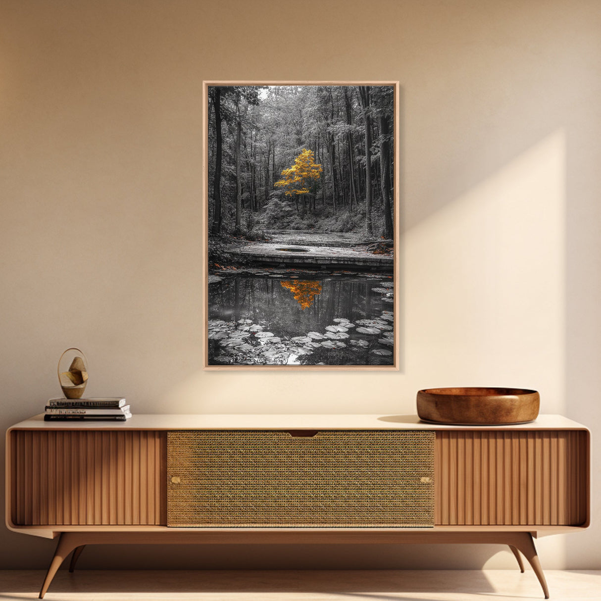 Lone Yellow Tree, Tranquil Pond, Forest Reflection, Canvas Print, Fall Nature Wall Art, Autumn Minimalist Decor, Peaceful Meditation Room