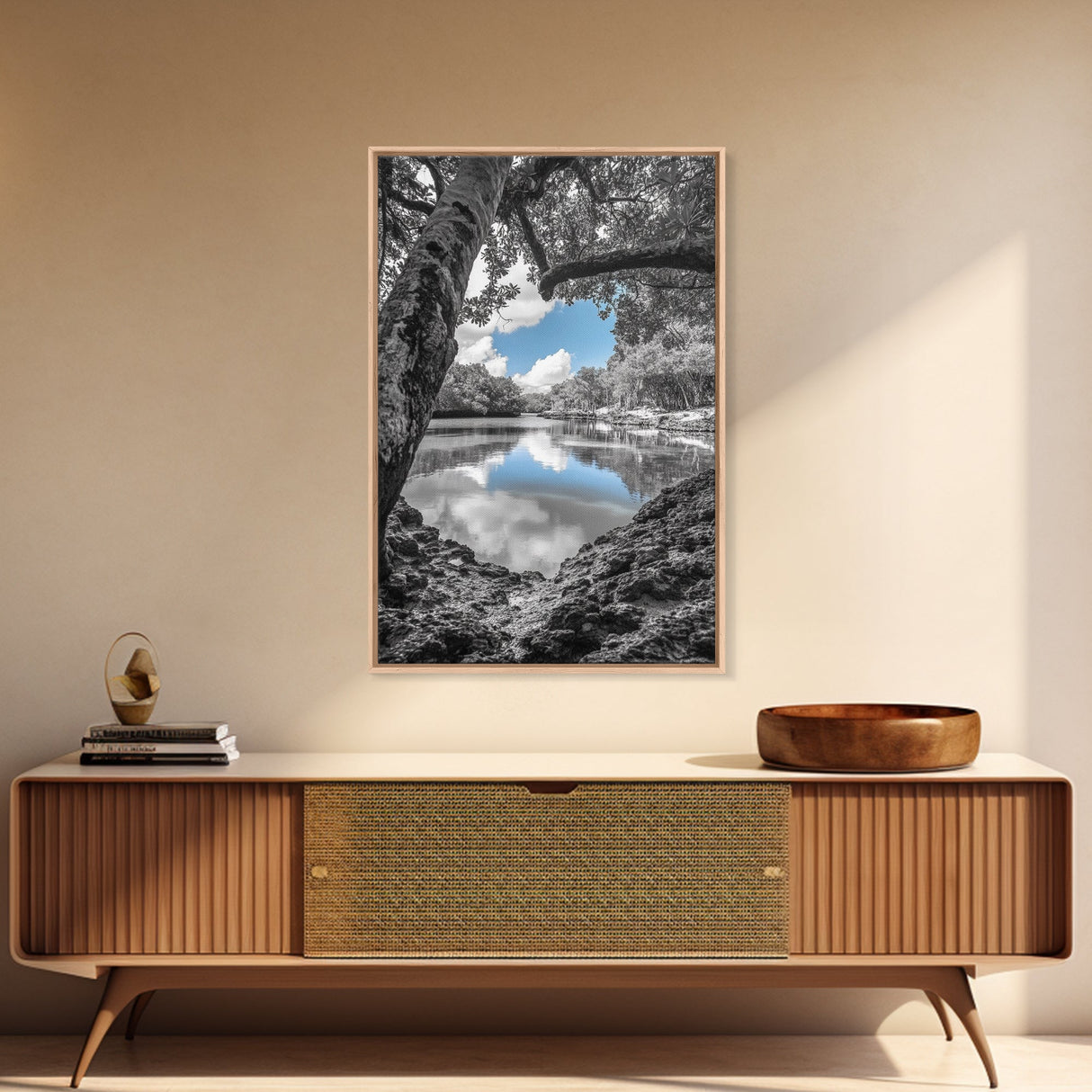 Blue Sky River, Tropical Trees, Natural Tranquility, Framed Canvas Print, Relaxing Bedroom Wall Art, Coastal Nature, Serene Landscape Decor