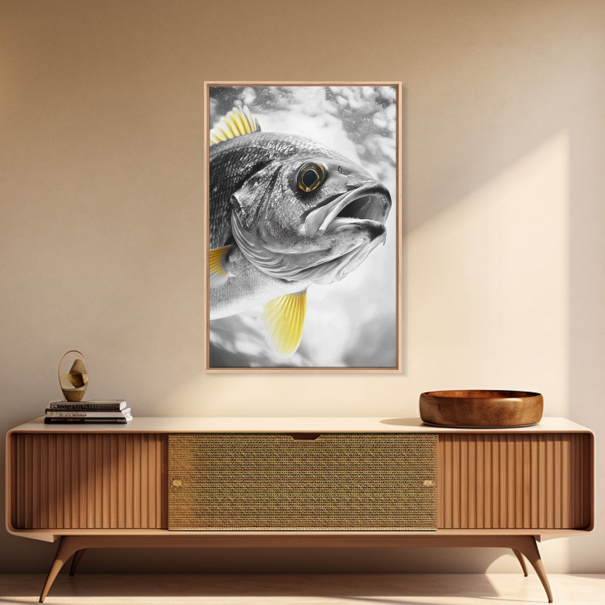 Golden Finned Fish, Underwater Wonder, Ocean Art, Framed Canvas Print, Coastal Wall Art, Bathroom Decor, Minimalist Marine Art