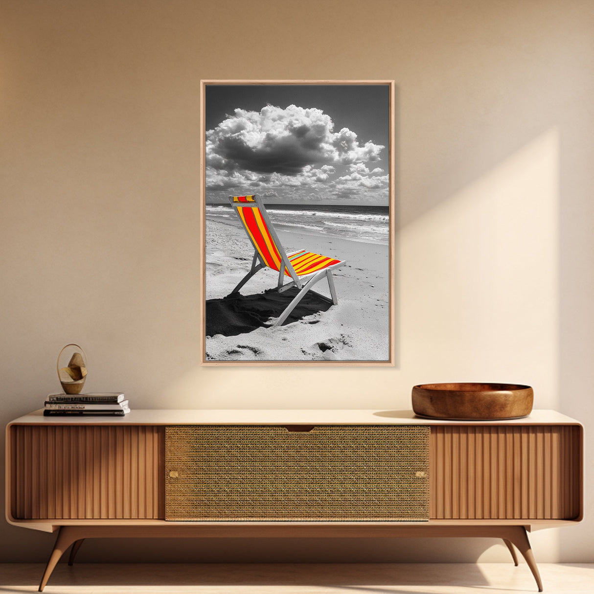 Beach Chair Alone, Tropical Vibes, Color Pop Seaside, Framed Canvas Print, Coastal Wall Art, Summer Decor, Relaxation Room Art