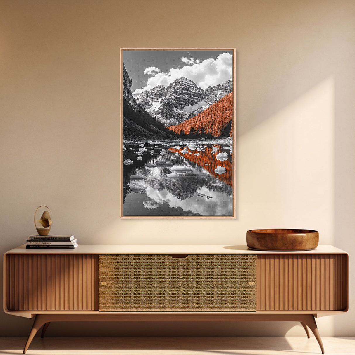 Mountain Reflections, Autumn Pines, Glacial Water Scene, Framed Canvas Print, Fall Landscape Wall Art, Nature Lover Home Decor