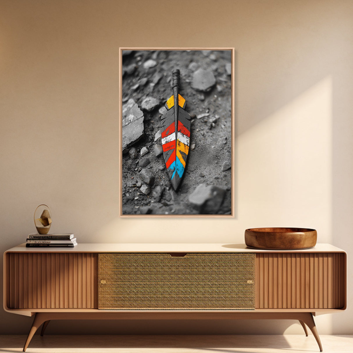 Tribal Feather, Painted Arrow, Rustic Stone Ground, Canvas Print, Boho Wall Art, Native Inspired Decor, Color Pop Rustic Style