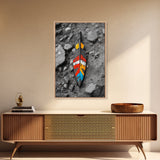 Tribal Feather, Painted Arrow, Rustic Stone Ground, Canvas Print, Boho Wall Art, Native Inspired Decor, Color Pop Rustic Style
