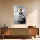 Rainbow Cliff, Soaring Bird, Ocean Rock Scene, Canvas Print, Nature Adventure Wall Art, Vibrant Seascape Decor, Coastal Living Accent
