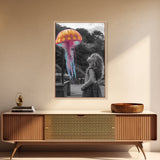 Surreal Jellyfish, Child Wonder, Fantasy Ocean Scene, Framed Canvas Print, Kids Room Wall Art, Vibrant Color Pop Art, Dreamy Decor