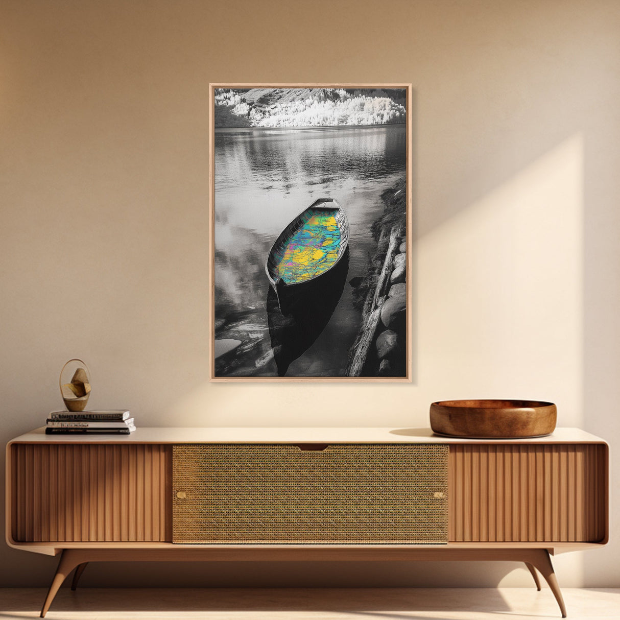 Rowboat Map Interior, Lake Reflections, Artistic Travel Theme, Canvas Print, Cabin Wall Art, Unique Lake House Decor, Explorer Style