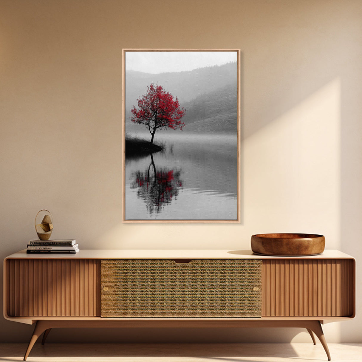 Red Tree, Foggy Lake, Peaceful Landscape Scene, Framed Canvas Print, Autumn Nature Wall Art, Minimalist Fall Decor, Moody Aesthetic