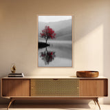 Red Tree, Foggy Lake, Peaceful Landscape Scene, Framed Canvas Print, Autumn Nature Wall Art, Minimalist Fall Decor, Moody Aesthetic
