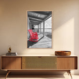 Red Porch Chairs, Lakeside Retreat, Cozy Country Morning, Framed Canvas Print, Farmhouse Decor, Rustic Living Room Wall Art, Peaceful Vibe