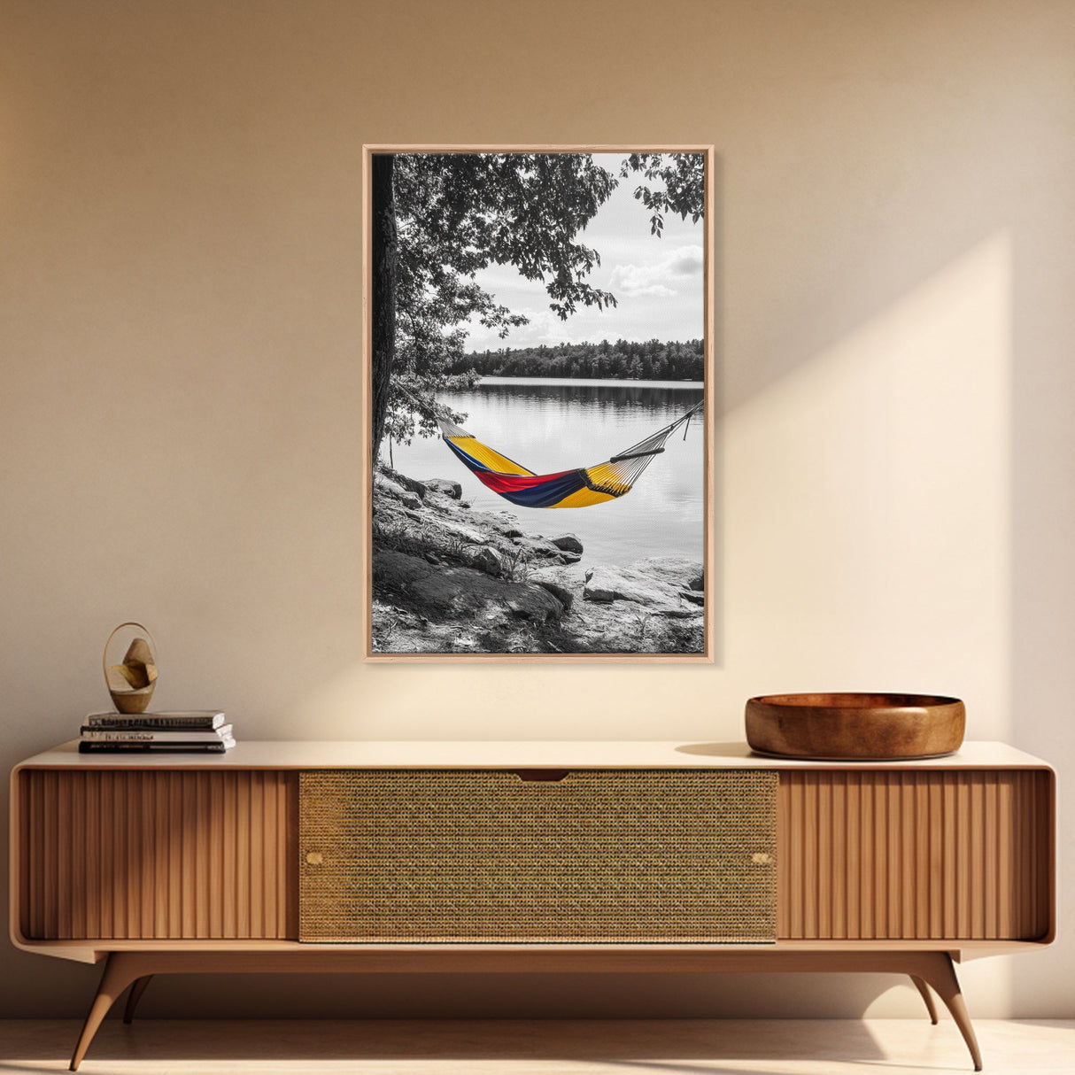 Hammock Lake Scene, Peaceful Nature Art, Fall Outdoors, Relaxed Escape, Framed Canvas Print, boho decor, bedroom art, cozy wall print