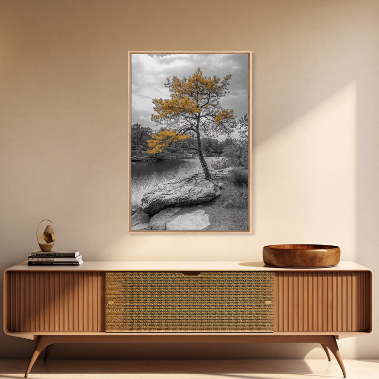 Golden Tree View, Nature Serenity, Fall Lake Art, Peaceful Pine, Framed Canvas Print, living room wall art, minimalist landscape print