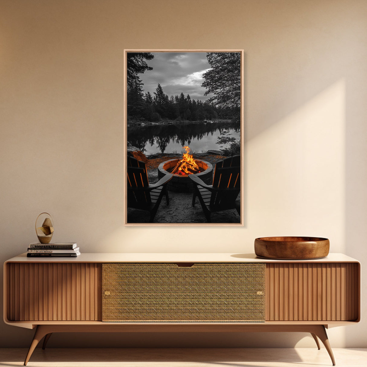 Campfire Chairs Lake, Autumn Firepit Scene, Rustic Retreat, Cabin Escape, Framed Canvas Print, cozy wall art, man cave cabin decor