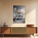 Lifeguard Tower Yellow, Beach Escape, Summer Vibe Art, Ocean Watch Post, Framed Canvas Print, coastal home decor, beach house wall art