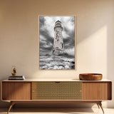 Rustic Lighthouse Shore, Weathered Tower Art, Stormy Coast Scene, Moody Seaside, Framed Canvas Print, nautical bathroom or den wall decor