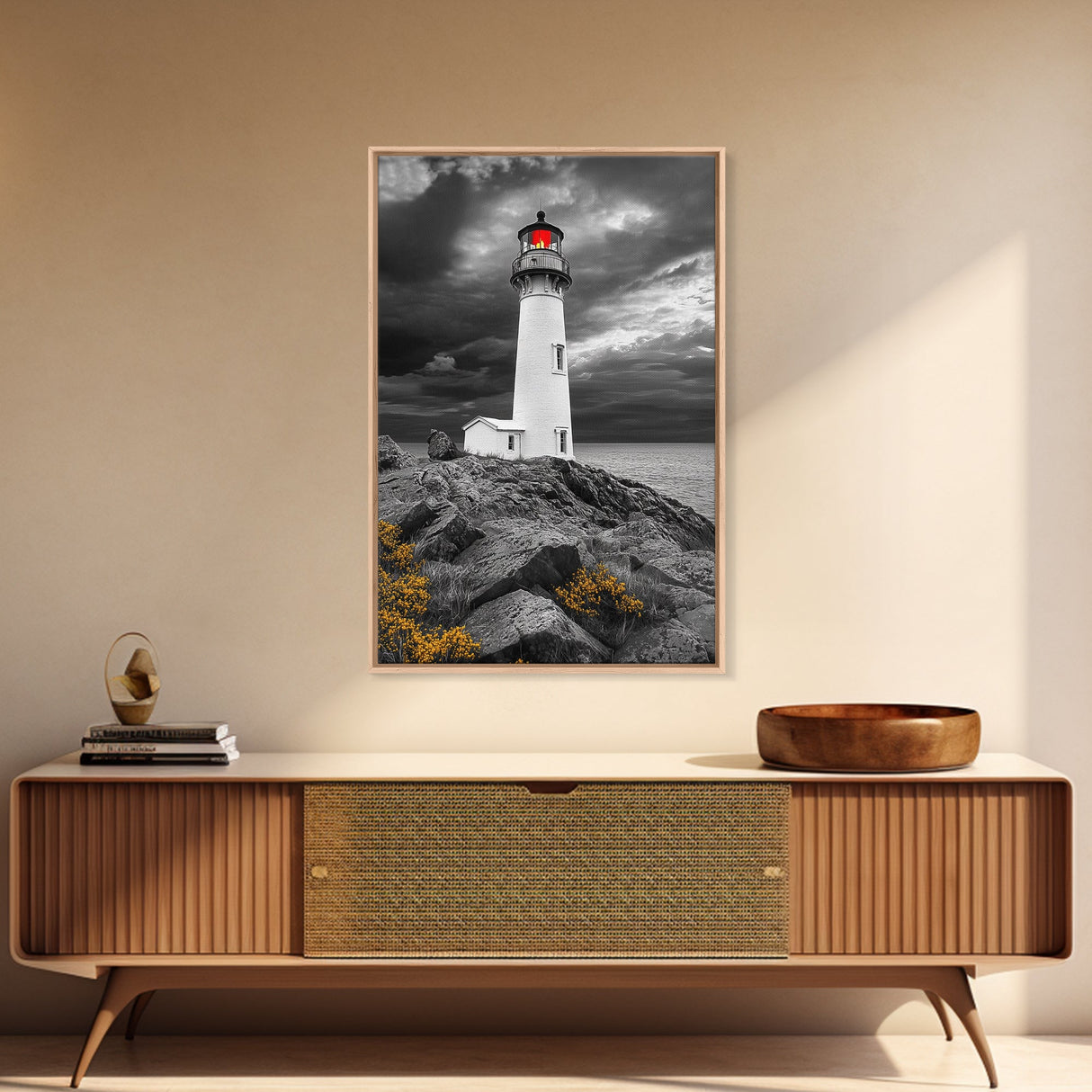 Red Beacon Lighthouse, Rocky Coast Light, Dramatic Storm Sky, Ocean Guide, Framed Canvas Print, nautical office wall art, bold coastal art