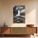 Red Beacon Lighthouse, Rocky Coast Light, Dramatic Storm Sky, Ocean Guide, Framed Canvas Print, nautical office wall art, bold coastal art