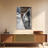 White Horse, Western Ranch, Rustic Stable, Cowboy Framed Canvas Print, Farmhouse Wall Art, Country Living Room Decor, Black White Art