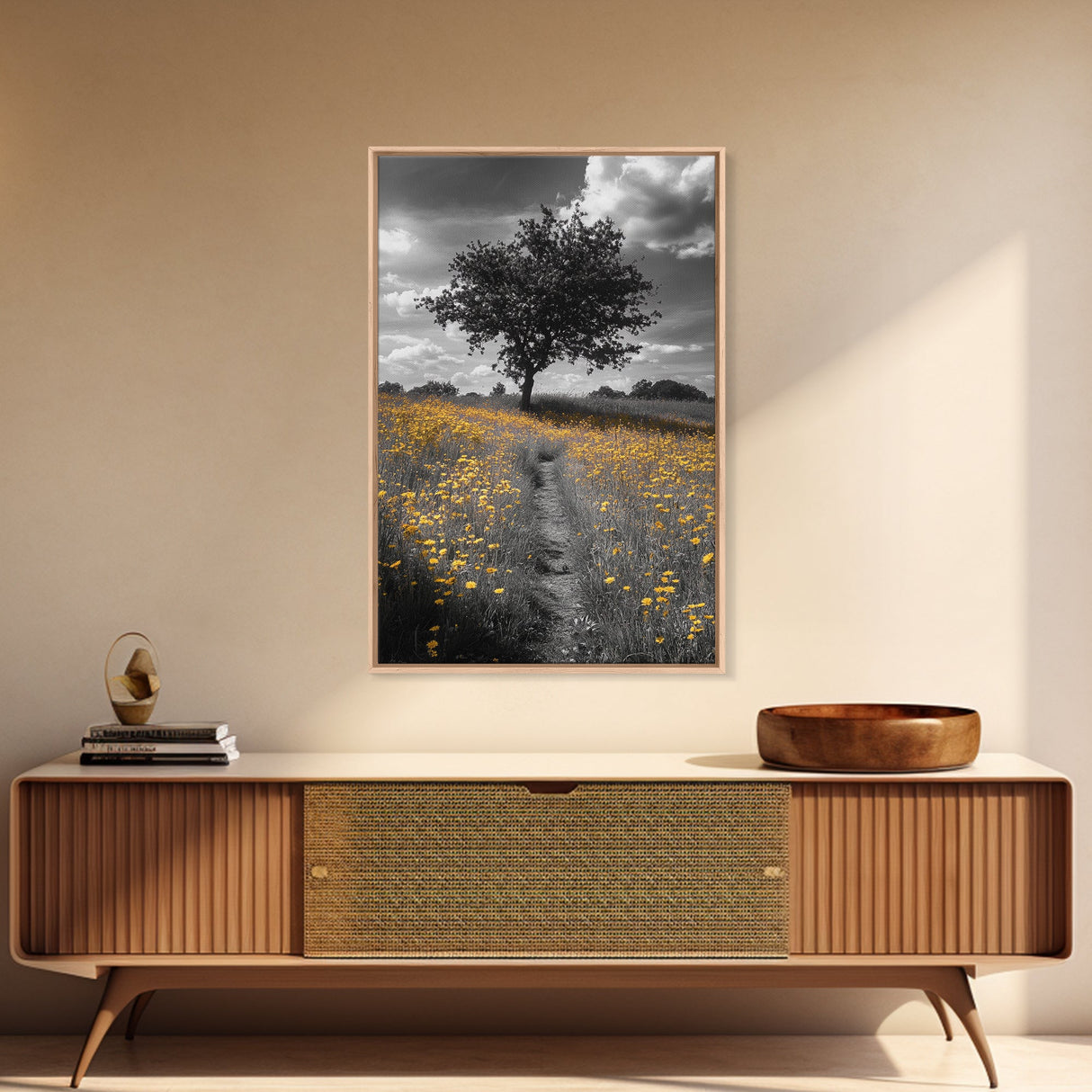 Yellow Meadow, Tree Path, Sunny Flowers, Autumn Framed Canvas Print, Field Landscape Wall Art, Nature Lover Decor, Boho Fall Vibes