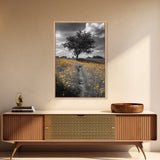 Yellow Meadow, Tree Path, Sunny Flowers, Autumn Framed Canvas Print, Field Landscape Wall Art, Nature Lover Decor, Boho Fall Vibes