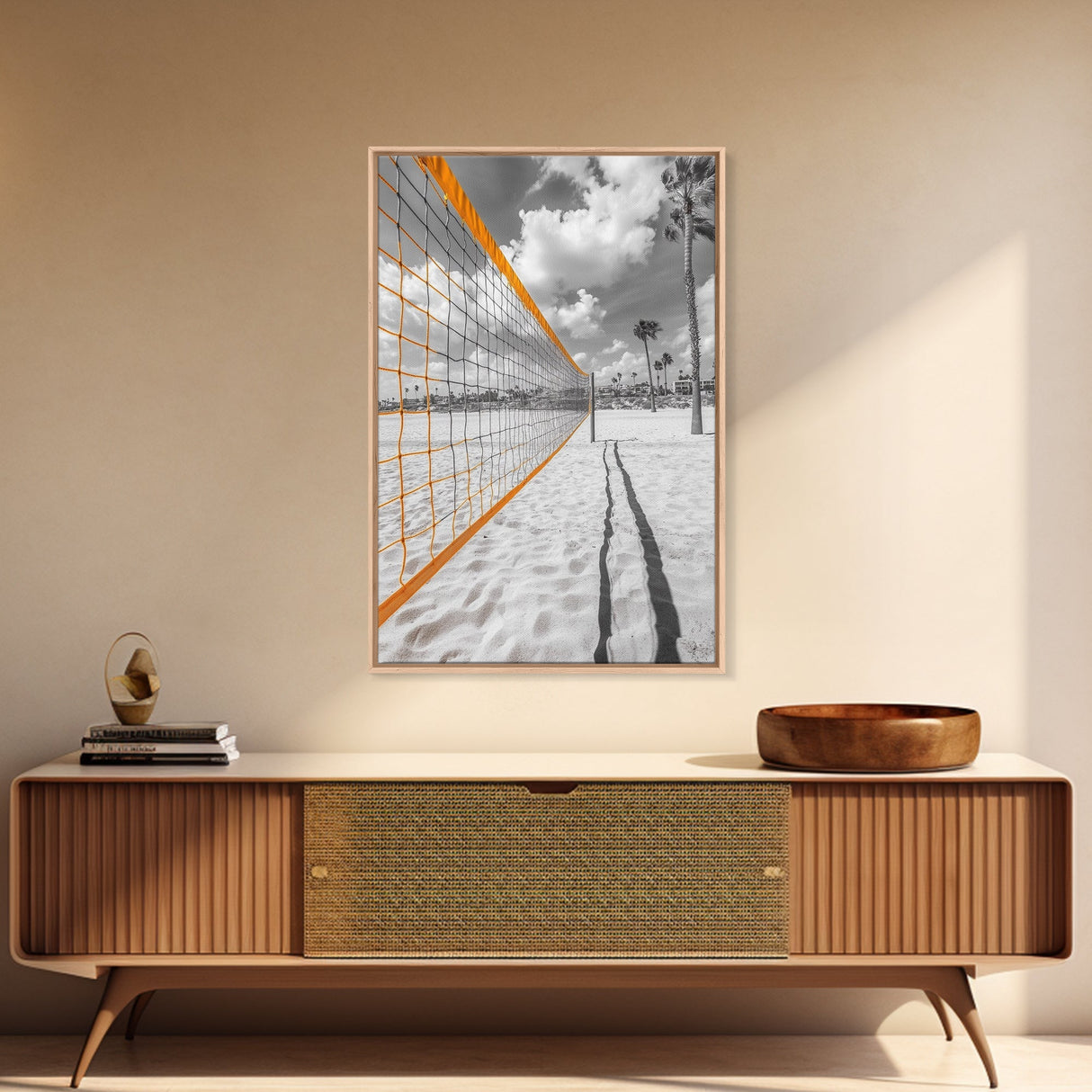 Volleyball Court, Sand and Net, Coastal Play, Framed Canvas Print, Sports Wall Art, Teen Room Decor, Summer Athletic Beach Vibes