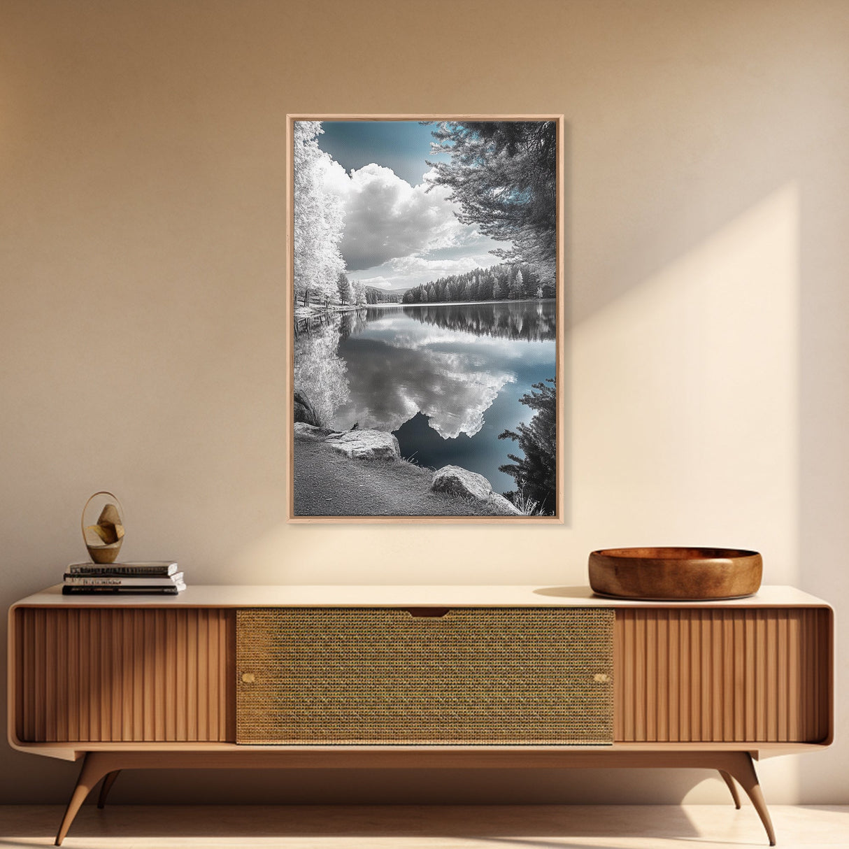 Mountain Lake Clouds, Serene Forest Reflection, Scenic Nature Photography, Framed Canvas Print, Bedroom Tranquility Wall Art