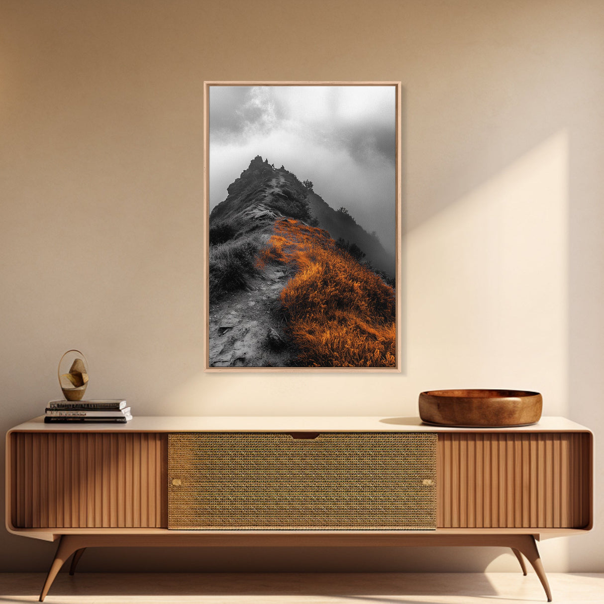 Misty Mountain Hike, Orange Trail Grass, Adventure Explorer Print, Moody Wilderness Scene, Framed Canvas Print, Rustic Cabin Wall Art