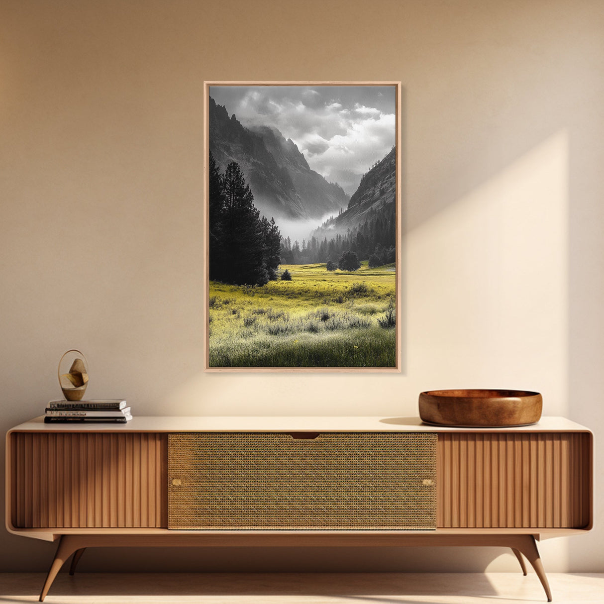 Yellow Meadow Valley, Foggy Mountain Scene, Serene Landscape Photography, Framed Canvas Print, Nature Lover Living Room Wall Art