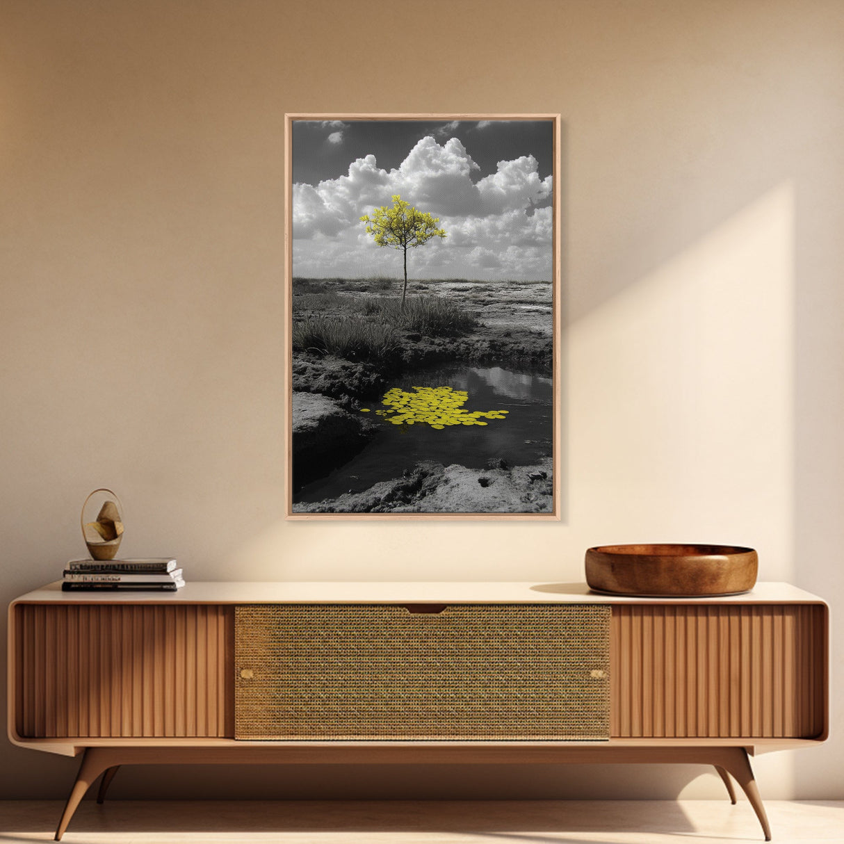 Solitary Tree, Desert Reflection, Yellow Leaves, Framed Canvas Print, Minimalist Wall Art, Bedroom Decor, Nature Fine Art Landscape