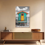 Colorful Beach Hut, Surf Shack, Coastal Cabin, Framed Canvas Print, Tropical Wall Art, Living Room Decor, Bright Summer Home Style