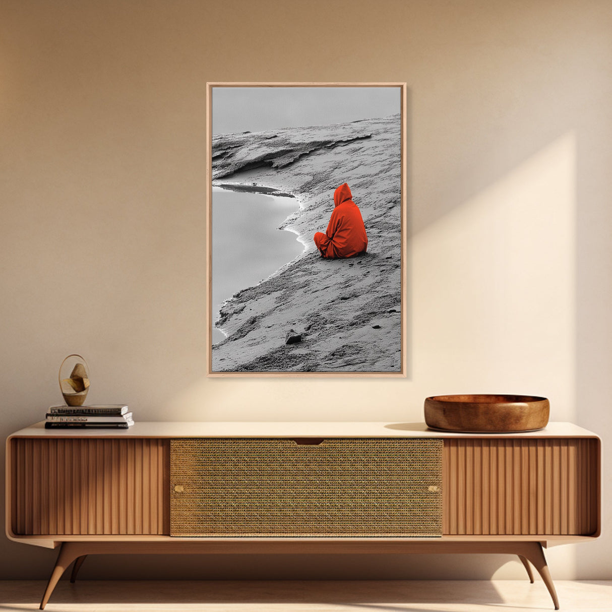 Red Cloaked Solitude, Minimalist Seashore, Peaceful Hooded Figure, Framed Canvas Print, Meditation Room Art, Surreal Photography