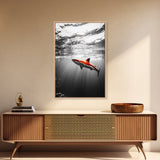 Red Shark, Underwater Scene, Ocean Light Rays, Color Contrast, Canvas Print, Modern Marine Art, Bathroom Wall Art, Nautical Style