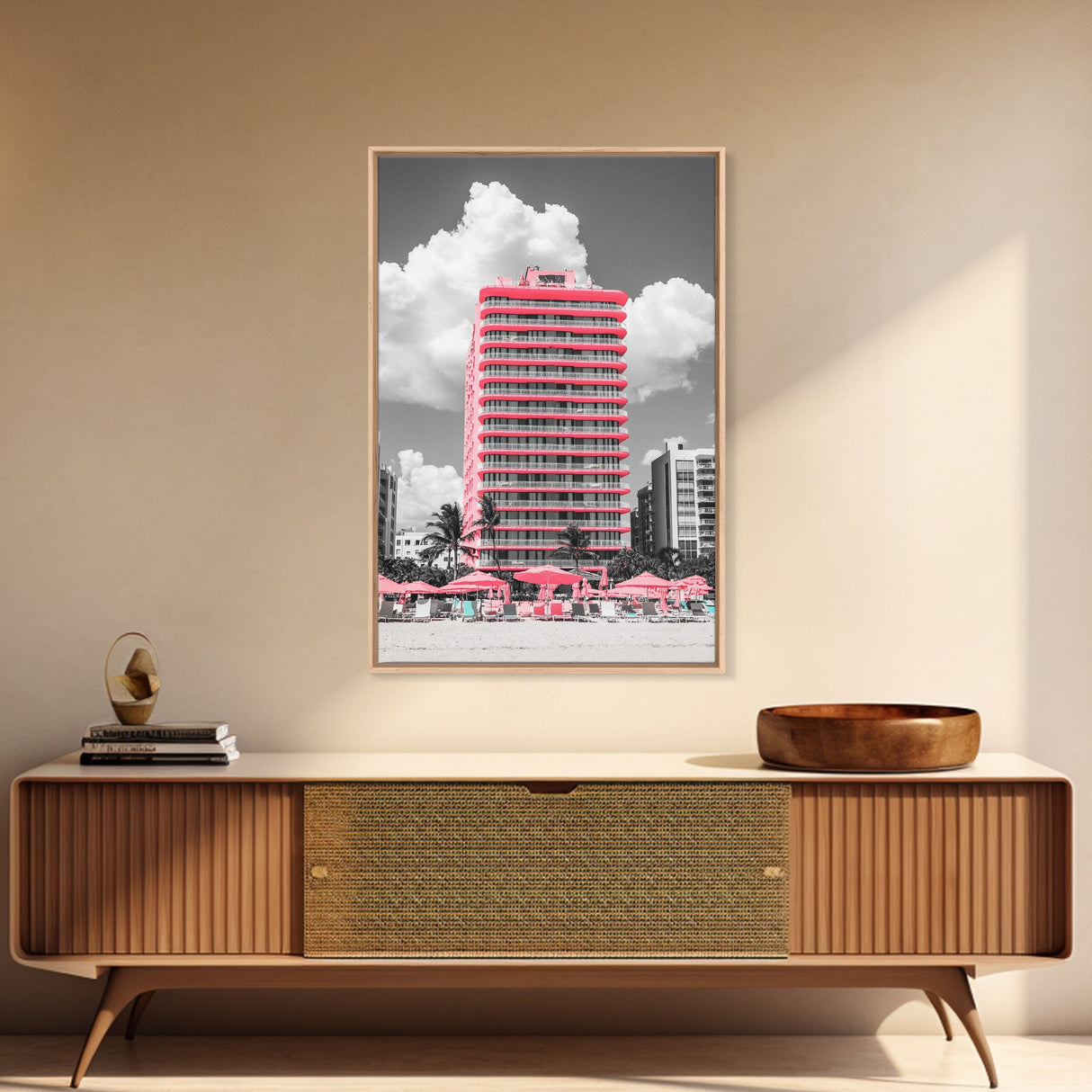 Pink Hotel, Miami Vibes, Summer Retro, Beach Scene, Canvas Print, Pop Art Aesthetic, Living Room Wall Art, Vacation Style