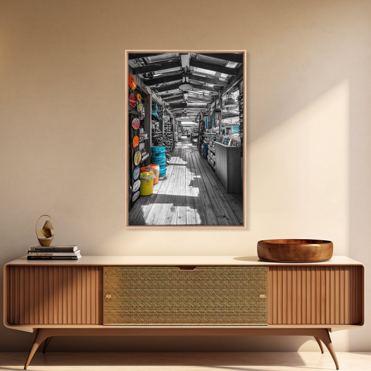 Market Stroll, Beach Shop, Coastal Market, Tropical Life, Framed Canvas Print, Boho Beach Art, Kitchen or Entryway Wall Art