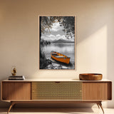 Lake Rowboat, Serene Waters, Mountain Reflection, Framed Canvas Print, Minimalist Nature Art, Living Room Wall Art, Tranquil Landscape