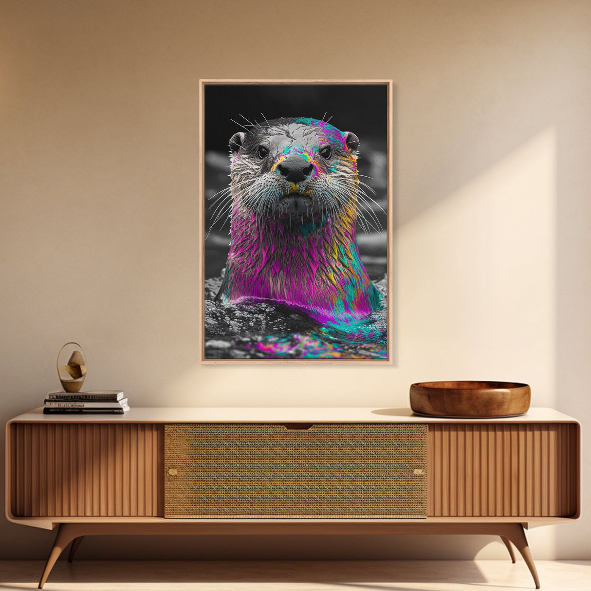 Colorful Otter, Vibrant Animal, Rainbow Fur, Framed Canvas Print, Kids Room Decor, Whimsical Wildlife Art, Playroom Wall Art, Bold Style