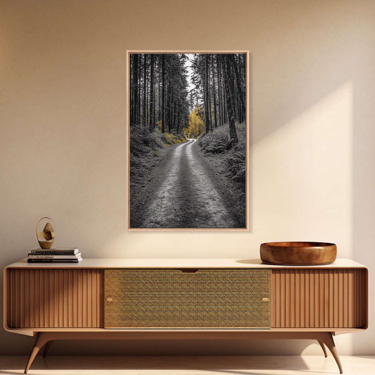 Forest Path, Yellow Trees, Autumn Trail, Framed Canvas Print, Fall Wall Art, Woodland Nature Decor, Cozy Home Accent, Entryway Artwork