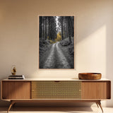 Forest Path, Yellow Trees, Autumn Trail, Framed Canvas Print, Fall Wall Art, Woodland Nature Decor, Cozy Home Accent, Entryway Artwork
