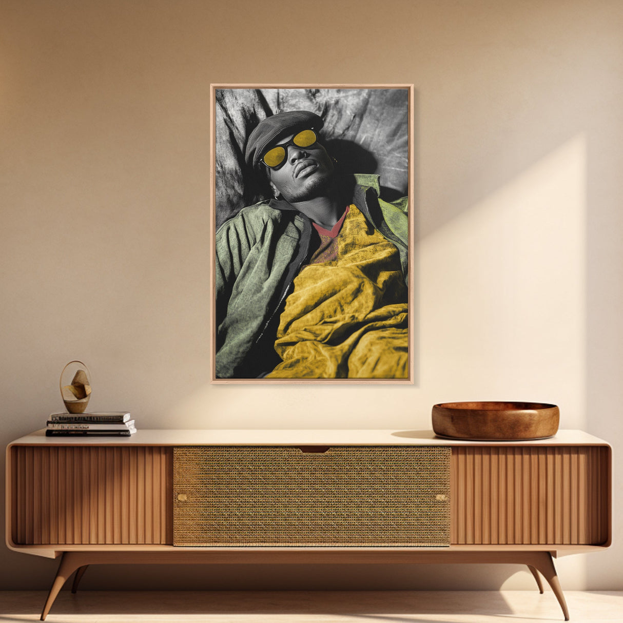 Urban Cool, Yellow Shades, Relaxed Style, Bold Portrait, Framed Canvas Print streetwear photography print, modern bedroom wall art